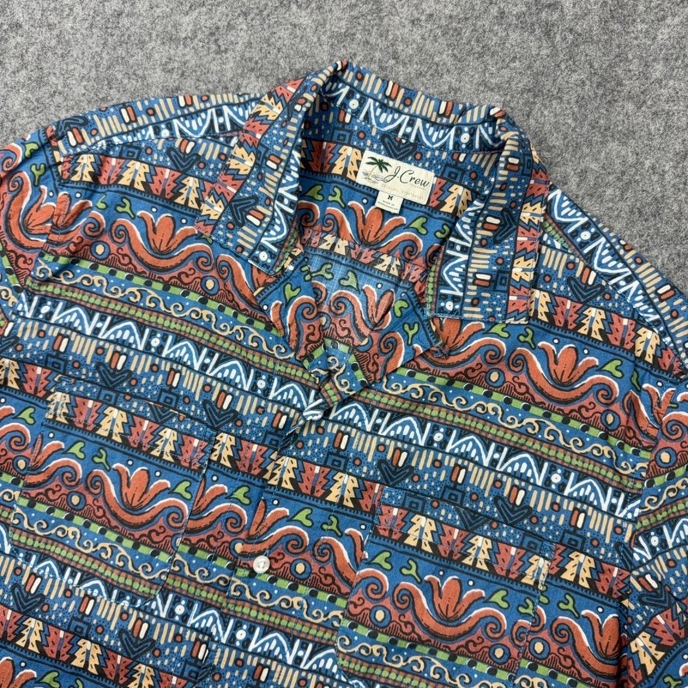 J.Crew Shirt Mens Medium Blue Tribal Geometric Print Cotton Camp Summer Beach - Picture 1 of 13
